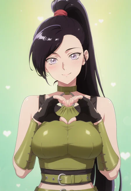 anime screencap, anime coloring, <lora:DX888Jade:1> jade, purple eyes, black hair, very long hair, hair scrunchie, high ponytail, swept bangs,  BREAK  fingerless gloves, black tank top, o-ring top, green topwear, belt, midriff, waist cape, bike shorts,  knee boots BREAK  green  background,  rainbow background,, BREAK  1girl, blush, breasts,  hands up, (head tilt:1.2), heart hands, looking at viewer, portrait, solo, upper body,  4-finger heart hands, smile