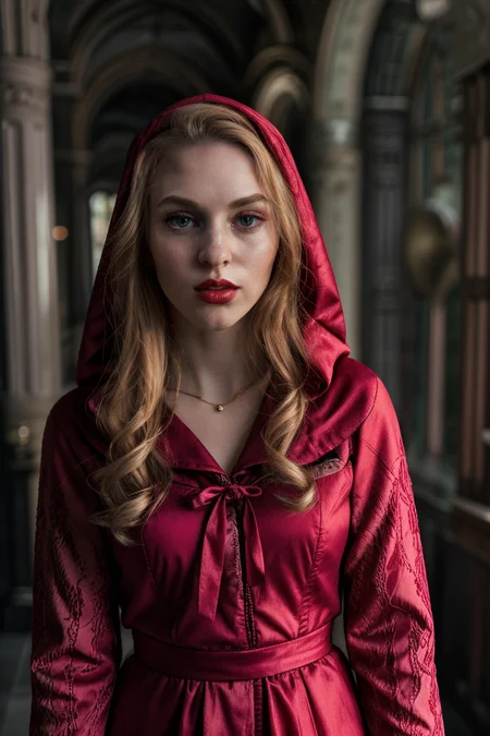 <lora:LCM_LoRA_Weights_SD15:1>,<lora:detail_slider_v4:1.4>,(sweet red riding hood) 25year old adult (Women:1.3), , petite build, extra long blonde hair, canadian, pale skin, wearing a red hooded cape, embroidered blouse, layered skirt, velvet shoes , red lipstick, red ribbon, set in ,(full body:1.3),(full shot:1.3),(wide shot:1.3),(full body portrait:1.3),dutch angle:1.1,low key photography, dramatic lighting, deep shadows, rich contrast, moody atmosphere, intense emotions, cinematic feel, mysterious ambiance, emphasizing shape and form, creating depth, evoking drama, storytelling through shadows, professional technique,
