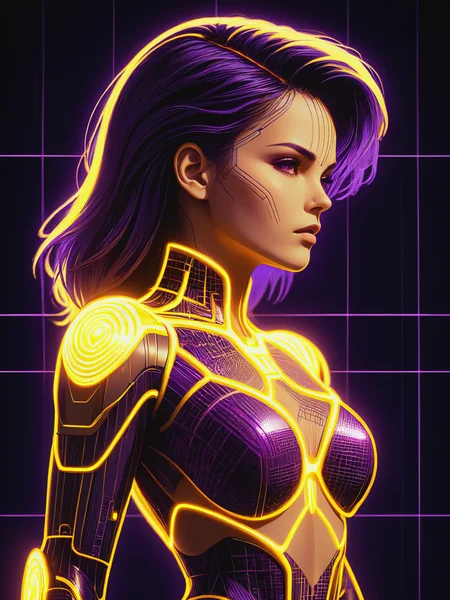 mad-cyberspace, woman, dynamic pose, purple and yellow glowing outlines, grid, cyberpunk, 1980s, retro, scifi, Profile pose <lora:Neon_Cyberpunk_Cyberspace_SDXL_v2:0.8>, (masterpiece:1.2), best quality