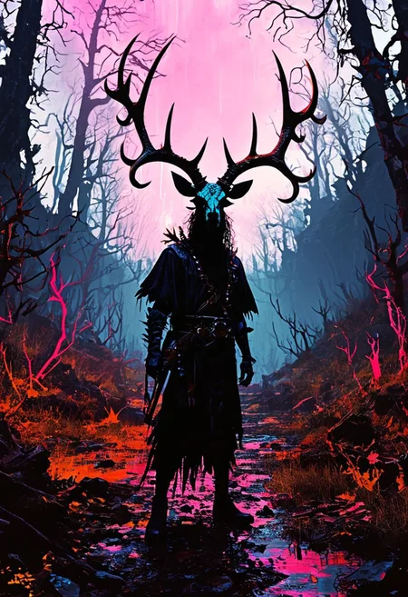 corrupted druid with twisted antlers, casting dark spells in a decayed forest
silhouette ,
in the style of the decaying empire of Wrstreich, dark magic and grotesque creatures abound, inspired by Sean Aaberg's punk aesthetic, dark fantasy world combines grim landscapes with vibrant, exaggerated neon colorful art, old 80's VHS dark fantasy, VHS screen grab, grainy, old footage