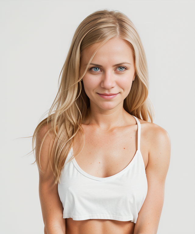 RAW, 85mm, f1.2, award winning glamour photograph of  jp-SvetaF smiling, wearing white cotton panties and white tank-top t-shirt,  white background, detailed eyes