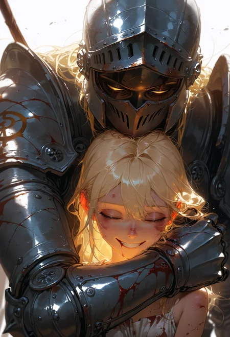 <lora:ILLMythP0rtr4itStyle:1> mythp0rt,
young woman in white dress with blonde hair smiling and hugging a male knight with rusty and bloodied full armor, (masterpiece:1.2), (best quality:1.2), (very aesthetic:1.2), (absurdres:1.2), newest, 1girl, 1boy, gloomy, full armor, helmet, rust, blood, bloodied armor, dirty armor, blonde hair, half closed eyes, facing viewer, (upper body, close-up), white sky, masterpiece, best quality, amazing quality, intricate detail, highly detailed, absurdres,