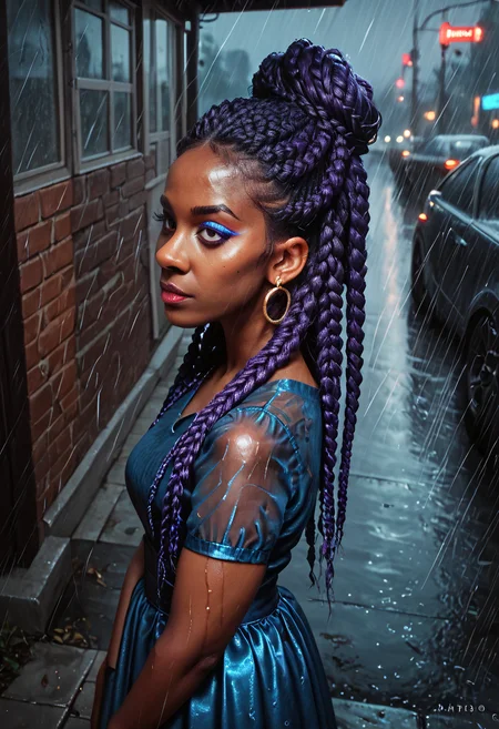 score_9, score_8_up, score_7_up, score_6_up, score_5_up, score_4_up, a highly detailed painting, 1 woman, black woman, dark skin, (multicolor box braids, purple2blue box braids, updo), makeup, fingernails, earrings, jewelry, high angle, side view, beautiful embroidered dress, rainy evening, city street<lora:Pony_XL_Colorful_Box_Braids> <lora:Black_Woman_v3-000006> <lora:detailed_notrigger>
