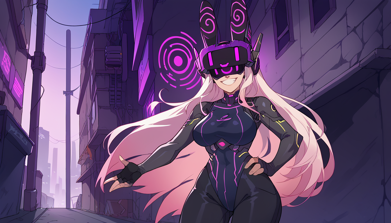 zPDXL,anime artwork score_9,score_8_up,score_7_up,2d,<lora:Huffslove_Style_PonyXL:1>,by huffslove,huffslove,<lora:anime-detailer-xl:1.5>,<lora:Expressive_H-000001:1>,Expressiveh,(source_anime),raytracing,rating_questionable,rating_safe,
solo,1girl, mature female, milf, curvy, tall female, toned, large breasts, 
outdoors, science fiction, futuristic, cyberpunk, cityscape, scenery, alley,
highleg leotard, black pants, leather pants, gloves, elbow gloves, fingerless gloves, <lora:Z-Tech_hypnotic_visorZko_visor-000019:1>,zkovisor,hypnotic visor,helmet,rabbit ears,:),headphone,rabbit ears,:),mind control,hypnosis,
absurdres,white hair, long hair, gradient hair, pink hair, mechanical parts, 
upper body,looking at viewer,cute,attractive,
eye contact,standing, grin, hand on own hip, 
. anime style,vibrant,studio anime,highly detailed,