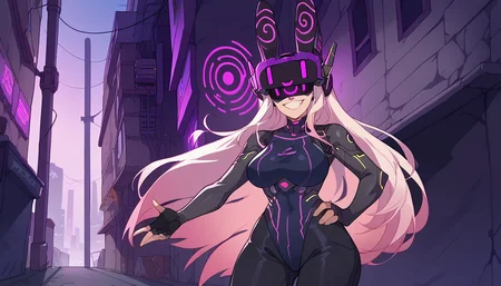 zPDXL,anime artwork score_9,score_8_up,score_7_up,2d,<lora:Huffslove_Style_PonyXL:1>,by huffslove,huffslove,<lora:anime-detailer-xl:1.5>,<lora:Expressive_H-000001:1>,Expressiveh,(source_anime),raytracing,rating_questionable,rating_safe,
solo,1girl, mature female, milf, curvy, tall female, toned, large breasts,
outdoors, science fiction, futuristic, cyberpunk, cityscape, scenery, alley,
highleg leotard, black pants, leather pants, gloves, elbow gloves, fingerless gloves, <lora:Z-Tech_hypnotic_visorZko_visor-000019:1>,zkovisor,hypnotic visor,helmet,rabbit ears,:),headphone,rabbit ears,:),mind control,hypnosis,
absurdres,white hair, long hair, gradient hair, pink hair, mechanical parts,
upper body,looking at viewer,cute,attractive,
eye contact,standing, grin, hand on own hip,
. anime style,vibrant,studio anime,highly detailed,