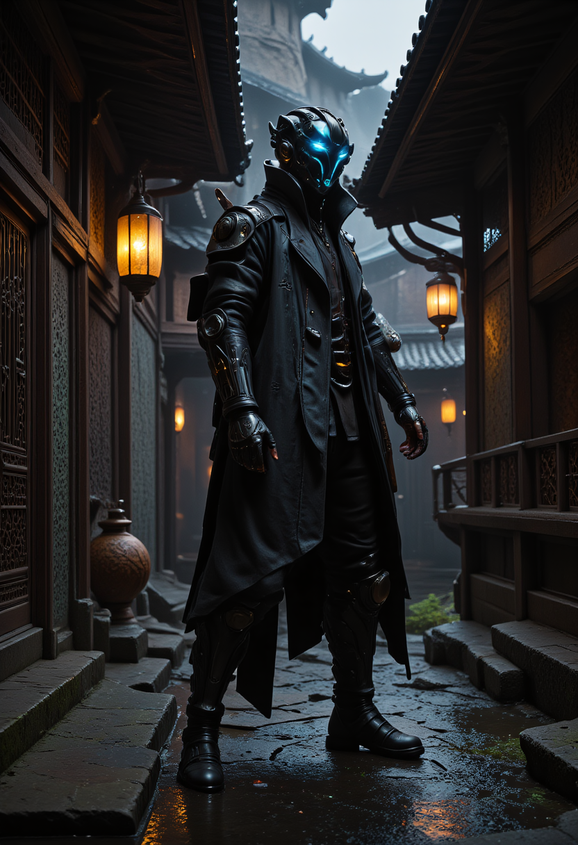 ninjapunk style, A shadow assassin stands motionless in the dimly lit, futuristic Japanese courtyard, her mechanical eyes emitting a soft, ethereal glow that highlights the intricate stone carvings and worn wooden beams. Ancient lanterns, retrofitted with dimmed LED lights, cast an eerie hue across the scene. The air is heavy with the scent of incense and fresh rain, wet stones reflect the surrounding scenery like a mirror where there is standing water.  Her cybergoth stealth-suit seems to blend seamlessly with the shadows, rendering her nearly invisible in the darkness. A cautious, sly expression hints at her calculated nature, as if weighing the risks and opportunities in the silence. <lora:other/fluxNinjaPunk_v1>,   <lora:other/flux_vividizer>  . stealthy and agile aesthetic with ninja-inspired elements, cybernetic enhancements, and futuristic technology