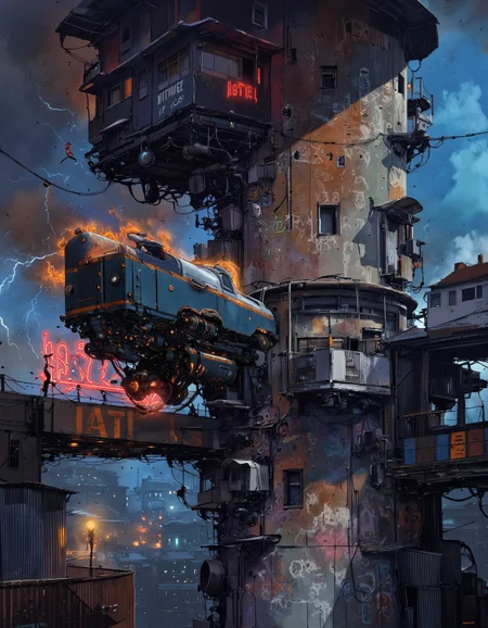 Art by Alejandro Burdisio. A digital illustration shoot from a low angle about a futuristic cityscape at night with neon lights and a dramatic, electrifying scene. the image also shows a train and a flying vehicle in the foreground. on the left side of the image, a person is standing on a futuristic vehicle suspended in mid-air. the vehicle has a sleek design with a blue and orange color scheme. the building on the right side has graffiti-covered faces. the background features a neon sign that says "hotel" and "darsena 25."