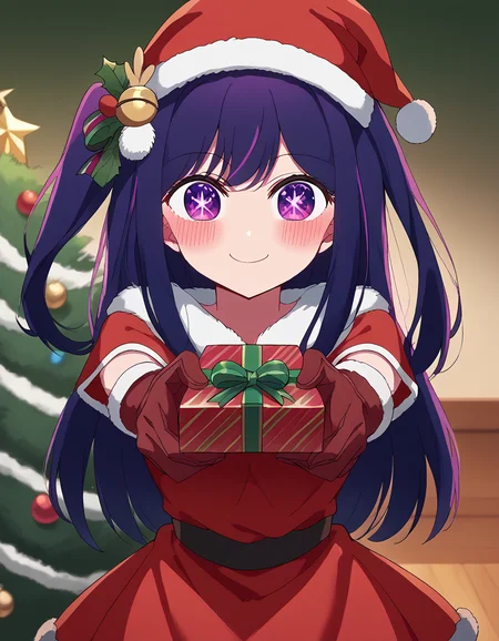 score_9, score_8_up, score_7_up, source_anime, <lora:ai-hoshino-s1-ponyxl-lora-nochekaiser:1>, ai hoshino, long hair, bangs, purple eyes, purple hair, symbol-shaped pupils, one side up, hair ornament, hair ribbon, medium breasts,, <lora:santa-costume-ponyxl-lora-nochekaiser:1>, santa costume, santa hat, christmas, sack, merry christmas, gift, fur-trimmed headwear, holding sack, santa dress, fur-trimmed dress, christmas tree, christmas tree, fur trim, red capelet, gift box, red gloves, fur-trimmed capelet, santa gloves, red hat, hat,, smile, blush, looking at viewer, <lora:incoming-gift-ponyxl-lora-nochekaiser:1>, incoming gift, outstretched arms, holding, holding gift, gift, gift box,,