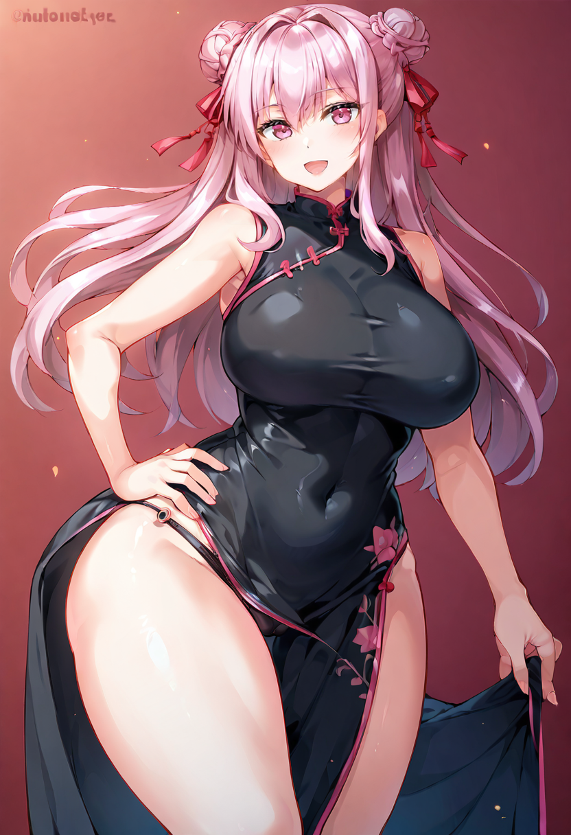 score_9, score_7_up,  1girl, 
huge breasts, wide hips, thick thighs, standing, hair between eyes, cowboy shot, long hair, sidelocks, smile, bun cover, shiny skin, holding, bare shoulders, breasts, open mouth, curvy, alternate breast size, red background, :3, double bun, pink background, black panties, chinese clothes, thighs, dress, china dress, micro panties, underwear, cameltoe, pink eyes, no bra, hand on own hip, blush, bare arms, hand up, pink hair, covered navel, bare legs, eyes visible through hair, hair bun, breasts apart, sleeveless dress, panties, looking at viewer, sleeveless, pink theme, solo, black dress
 <lora:fujima_takuya-Style-PonyXL-GLoRA-000045:1>