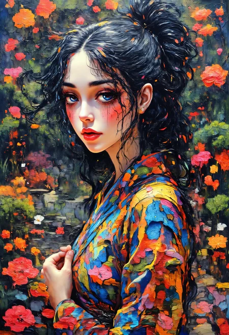 YFG-Liqd, abstract oil painting, vibrant color.
Close-up portrait of a young Asian woman with long hair with a high ponytail, wearing a kimono.
Formal Japanese garden in background.