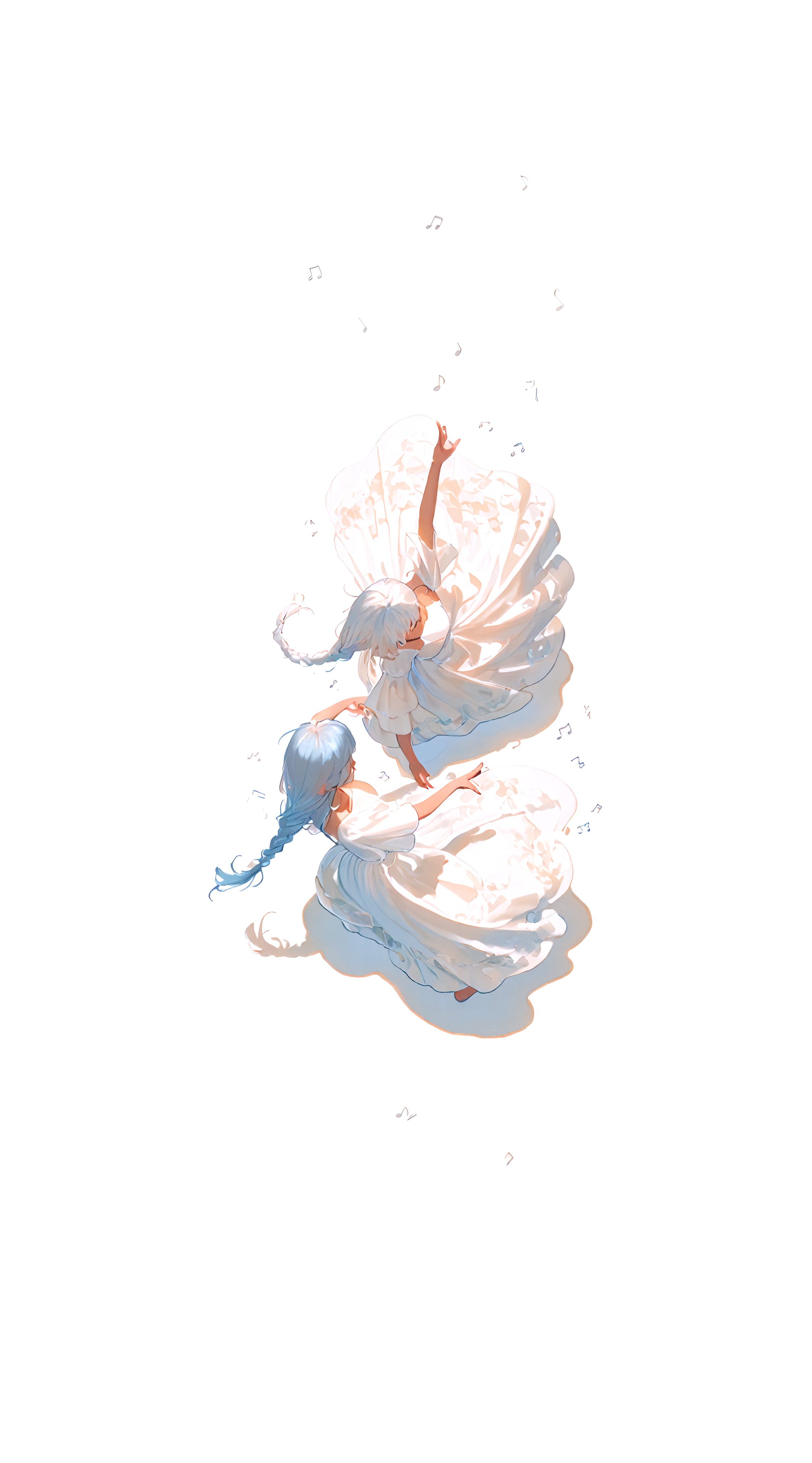 masterpiece, newest,absurdres,incredibly absurdres, best quality, amazing quality, very aesthetic, 
2girls, white theme, light blue hue, low-braided long hair, dancing, (sound effects:1.2), (from above:1.8), music, colorful dress,
<lora:Face_Enhancer_Illustrious:0.6><lora:ka_marukogedago:1> k4_illu,<lora:Krisdecker_fix:0.7> Krysd3cker,  <lora:Neg4tive_sp4ce:0.4> blending, no lineart, no outlines