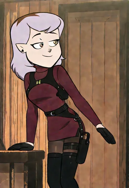 solo, 1girl, AmityBlightS3, turtleneck, sweater, harness, belt, gloves, holster, thighhigh boots, pantyhose, smile, sexy, seductive, teasing, flirting,