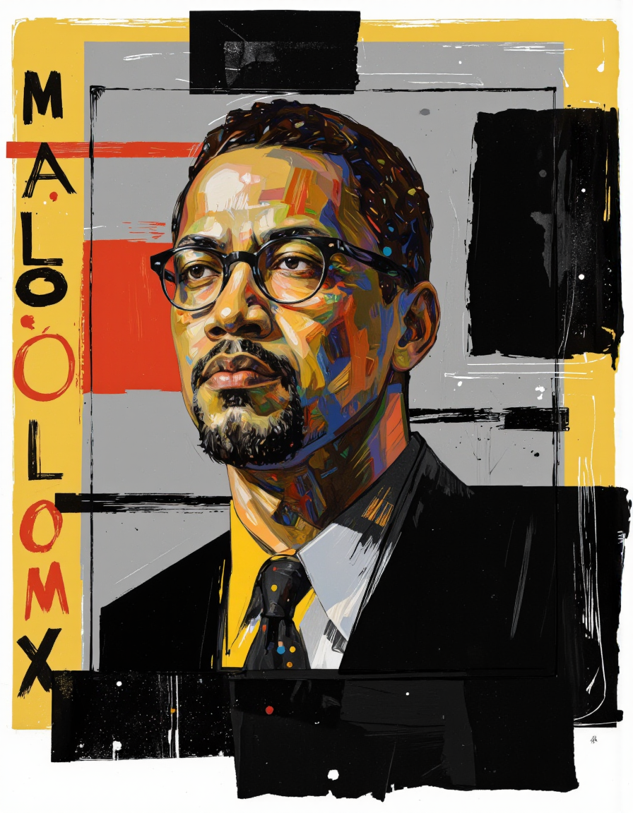 By Martin French. A portrait of malcolm x, a prominent figure in african american history, depicted in a stylized, abstract art style with bold lines and brushstrokes in black, red, and yellow colors. the portrait is centered in the middle of the image, with a square frame surrounding it. on the left side of the portrait, there is a text "MALCOM X" in bold, black lettering. the background is composed of abstract geometric shapes in shades of yellow, grey, and black, creating a striking contrast with the black and red tones of the background. the man in the portrait has a serious expression, wearing glasses and a black suit, and has a thick beard and mustache. his hair is styled in a short, neat haircut, and his eyes are focused intently on something in the distance. the overall style is reminiscent of modern abstract art, with bold brush strokes and lines that create a sense of movement and energy. <lora:Martin_French:0.85>