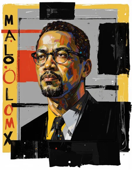 By Martin French. A portrait of malcolm x, a prominent figure in african american history, depicted in a stylized, abstract art style with bold lines and brushstrokes in black, red, and yellow colors. the portrait is centered in the middle of the image, with a square frame surrounding it. on the left side of the portrait, there is a text "MALCOM X" in bold, black lettering. the background is composed of abstract geometric shapes in shades of yellow, grey, and black, creating a striking contrast with the black and red tones of the background. the man in the portrait has a serious expression, wearing glasses and a black suit, and has a thick beard and mustache. his hair is styled in a short, neat haircut, and his eyes are focused intently on something in the distance. the overall style is reminiscent of modern abstract art, with bold brush strokes and lines that create a sense of movement and energy. <lora:Martin_French:0.85>