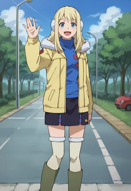 score_9,score_8_up,score_7_up,score_6_up,score_5_up,score_4_up,anime coloring BREAK source_anime,anime,<lora:Tanya_Akulova_Darker_than_Black_Pony:0.7>,tanyadtb,1girl,solo,blue eyes,blonde hair,long hair,earmuffs,blue turtleneck,hooded jacket,black skirt,thighhighs,boots,happy,waving,standing,outdoors,park,road,looking_at_viewer,