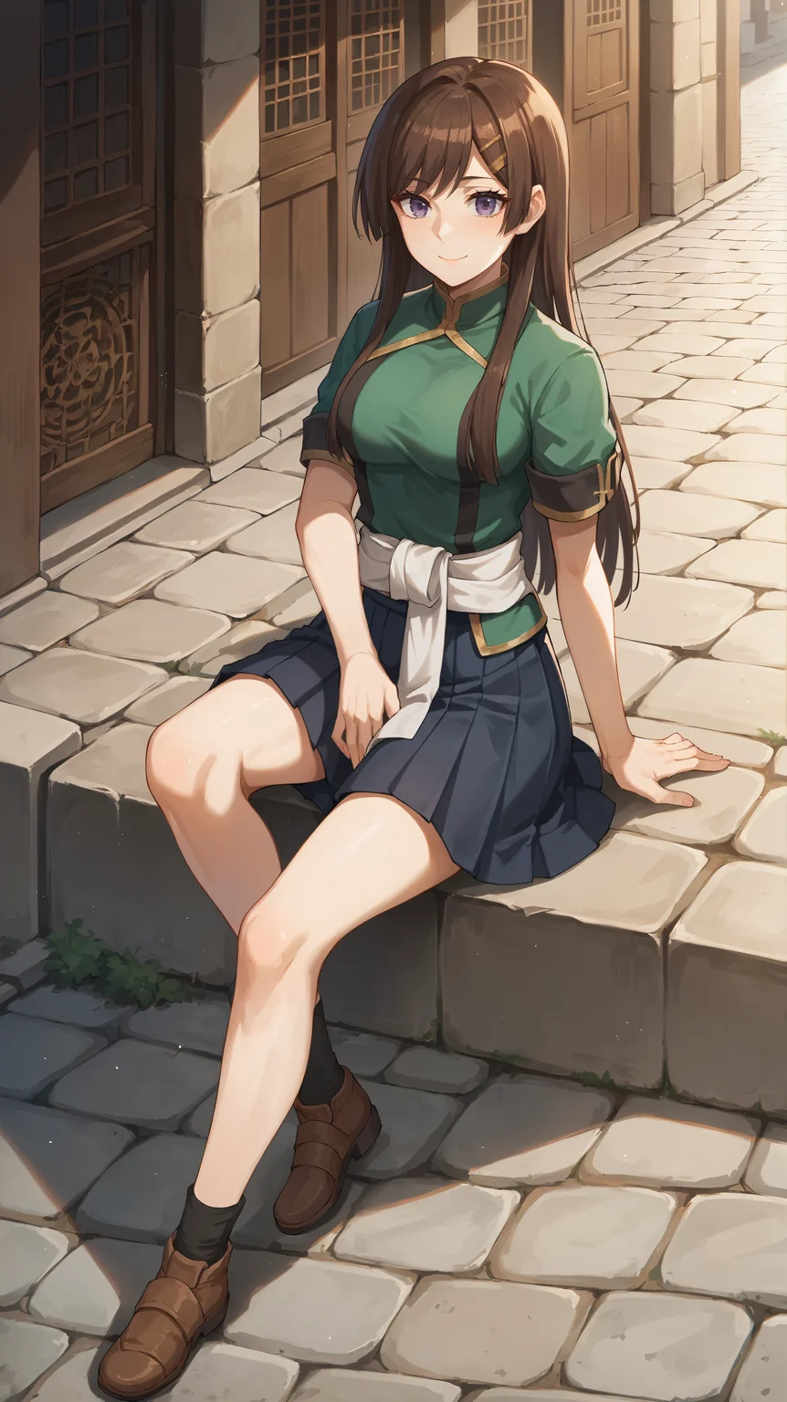score_9,score_8_up,score_7_up,score_6_up, source_anime, zPDXL, <lora:xl_more_art-full_v1:0.5>, girl, dynamic pose, <lora:Hibiki - Pony:0.8>, long hair, brown hair, long hair, brown hair, purple eyes, green shirt, dark green pleated skirt, short sleeves, white waist sash, sitting with hands around her ankles, medieval streets, cobblestone path, east asian architecture, light smile,