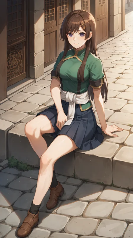 score_9,score_8_up,score_7_up,score_6_up, source_anime, zPDXL, <lora:xl_more_art-full_v1:0.5>, girl, dynamic pose, <lora:Hibiki - Pony:0.8>, long hair, brown hair, long hair, brown hair, purple eyes, green shirt, dark green pleated skirt, short sleeves, white waist sash, sitting with hands around her ankles, medieval streets, cobblestone path, east asian architecture, light smile,