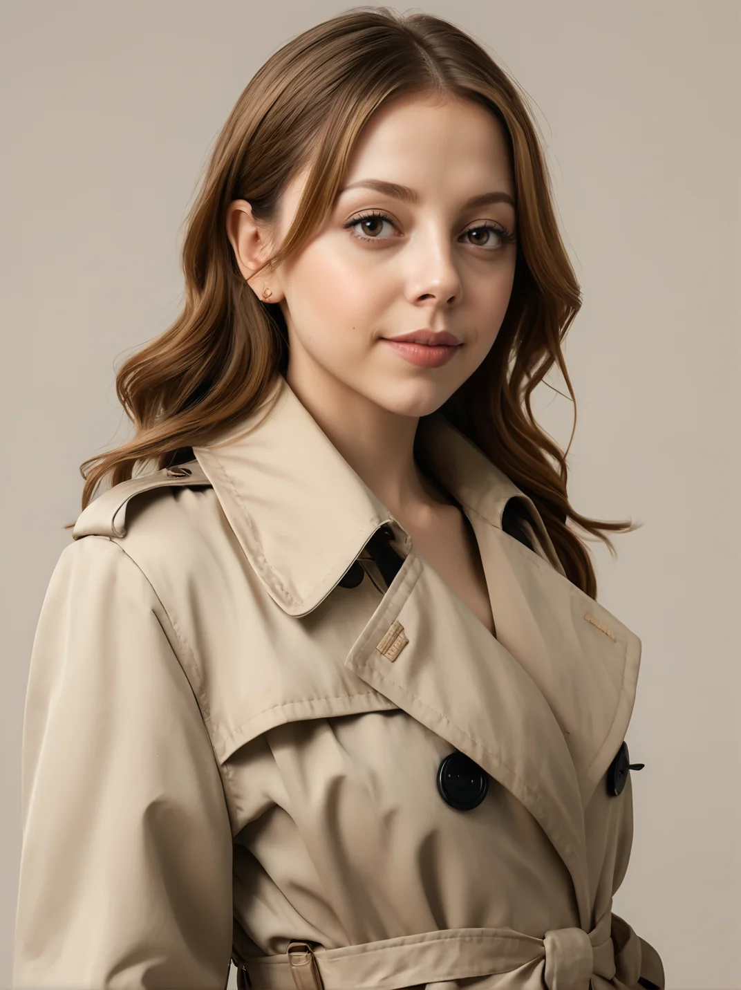 30yo felicitysynthxl, upper body, standing, neutral background, sultry, large breasts, modest,
wearing a trench coat,