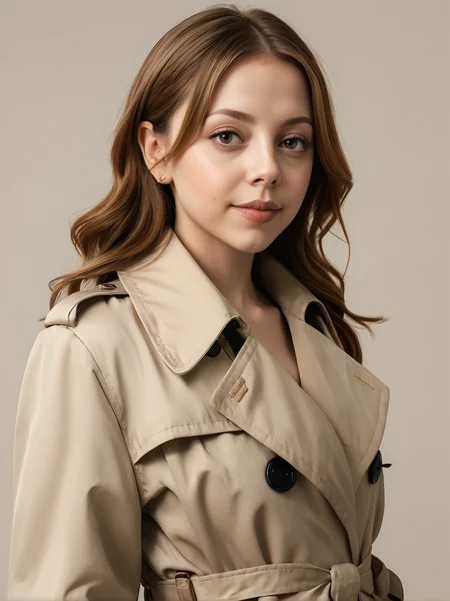 30yo felicitysynthxl, upper body, standing, neutral background, sultry, large breasts, modest,
wearing a trench coat,