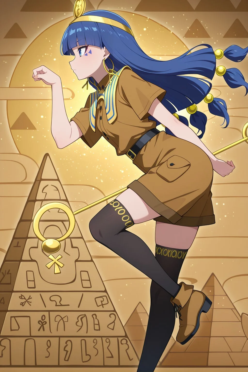 absurdres, highres, masterpiece, best quality, amazing quality, official anime artwork, screencap, anime screencap,
<lora:Nareko-Michigami_Illustrious:1> michigami nareko, 1girl, solo, blue eyes, blue hair, low-tied long hair, blunt bangs, triangle facial mark,, gold headdress, hair ornament, hoop earrings, usekh collar, gold jewelry, brown shirt, gold armlet, brown shorts, black thighhighs,
profile, pyramid background, looking to the side, egyptian pose, light particles, pharaoh, hieroglyphics, hand up, hand behind back, sideways arm, asymmetric arm position, arms bent, stepping forward, walking pose, holding, ankh, scepter, holding ankh,