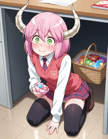 masterpiece,best quality,amazing quality, very aesthetic, 1girl, very awa, absurdres, highres, newest, solo,
<lora:Akane_Koumoto:1> Akane,demon girl,pink hair, green eyes, horns,white shirt, sweater vest, plaid necktie, plaid skirt, black thighhighs, loafers,
blush, surprised, kneeling, under desk, pantyshot, eating candies, basket of candies in hand,