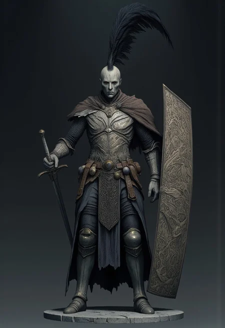A feathered knight with a cape, holding a templar shield, and a gladiator sword
Set against a solid dark color background to emphasize its unsettling unnatural form that emphasizes its silhouette. The medium is not a traditional painting or illustrative medium like watercolor or ink but rather a digital 3D rendering.
MikeFranchinastyle, d4artstyle, d4concept, , bbstyle,, horror theme,, zbrush, ZBClay model of a gray sculpture, 1990's, 1990's style