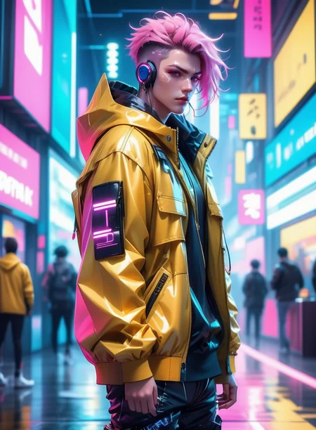((Best quality)), ((masterpiece)), (highly detailed:1.3), ((anime style)) ,HDR (High Dynamic Range),Ray Tracing,NVIDIA RTX,Super-Resolution,Subsurface scattering,Post-processing,Anisotropic Filtering,,Two-tone lighting,White balance,Rule of thirds,8K RAW, (long hair, pink headphone) solo, manly cyberpunk man with thick voluminous hair wearing a leather hooded jacket, lucy \(cyberpunk\),((Yellow jacket)), ((open jacket)), hip-hop pant, (detached sleeves), pouch, (white hair), (multicolor hair), (beautiful detailed hair) ,(hair blowing), red eyeliners, stronger male, beautiful eyes, detailed beautiful shiny skin, cute, perfect skin, shiny skin, 30 years old , (small breasts), sharp face, (midriff:1.2), (depressing), (angry), sweat, wet, neon, cyberpunk, science fiction,(fighting stance), (golden wires), (narrow waist:1.4), looking at viewer, cinemetic lights, (manga:1.1), (various clutter and mess in background:1.1), (light particles), (lush detailed),(stunning), (dynamic perspective shot, medium shot), portrait, (sharp focus) , colorful light, night, (cyberpunk shopping mall background), standing in the shopping mall, futuristic, ((cyberpunk background)), mysterious, fantasy