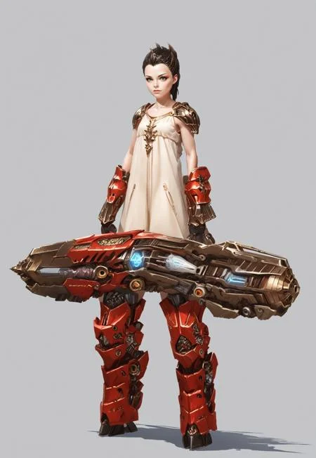 score_9, score_8_up, score_7_up, rating_safe, concept art, semi-realistic, 1girl, solo, Sci-fi.
Young beautiful face, fit body,
HHWeapon, Holding weapon, ((Huge weapon)),
Holding weapon with one hand.
Mecha musume. Fantasy gun.
Simple background.