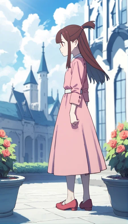score_9,score_8_up,score_7_up,
<lora:AtsukoKagari:0.9>,akkokagari,
1girl,solo,brown hair,long hair,bangs,short ponytail,white hair tie,red eyes,looking to the side,pink dress,white belt,pink shoes,full body,from side,standing,
blurry background,outdoors,bloom,light particles,lens flare,cloud,cityscape,magic academy,castle,garden,courtyard,