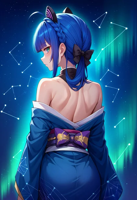 score_9, score_8_up, source_anime, 1girl, solo, TetsukawaToa, heterochromia, blue hair, long hair, blunt bangs, ponytail, braid, ahoge, fake animal ears, hair ornament, hair bow, black bow, aurora, back, bare back, bare shoulders, constellation, from behind, kimono, light particles, long sleeves, off shoulder, <lora:ChamTetsukawaToaPonyXL:1>