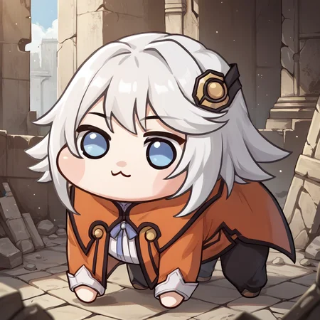 score_9, score_8_up, score_7_up, source_anime, solo, <lora:Doro_X_PDXL_V1:1> doro, creature, chibi, :3, four legs, <lora:RaineToS-pdxl:0.85> defRne, white hair, short hair, blue eyes, orange coat, black pants, long sleeves, ruins