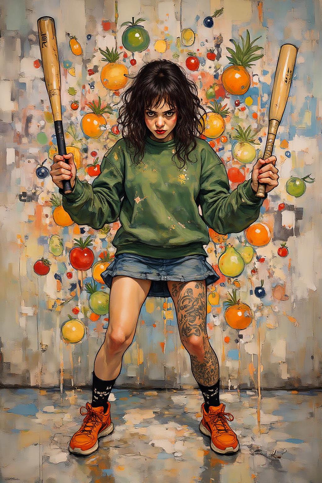 kaoruyamada1 painting.
 liquid splash, cartoonish juicy fruits chaos, dynamic pose, dynamic camera, a fashion shoot, an illustration of a woman threateningly holding a baseball bat in her hands, full body tattoo, wearing green short sweater, miniskirt, knee socks, orange sneakers, aggressive facial expression, wall with graffiti in the background.  <lora:kaoruyamada1_f16e9:1.0><lora:868881633825023594:0>