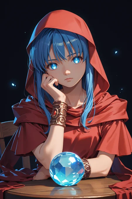 score_9, score_8_up, score_7_up, score_6_up, source_anime, 1girl, solo,  <lora:ysreah-pdxl-nvwls-v1-000005:1> reah, blue hair, long hair, blue eyes, red scarf, red cloak, red dress, bracelet, sitting, round table, crystal ball, black background, looking at you, glowing eyes, hood up
