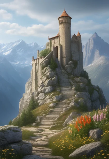 a watchtower on a (tall rock spire), (13th Century:1.5), a stairway to the keep, doorway, mountain in background, very wide shot, fantasy, atmospheric effects, alpine meadow flowers, best quality, masterpiece, realistic, photo-realistic, amazing, finely detail, ultra-detailed, highres, extremely detailed, 8k wallpaper