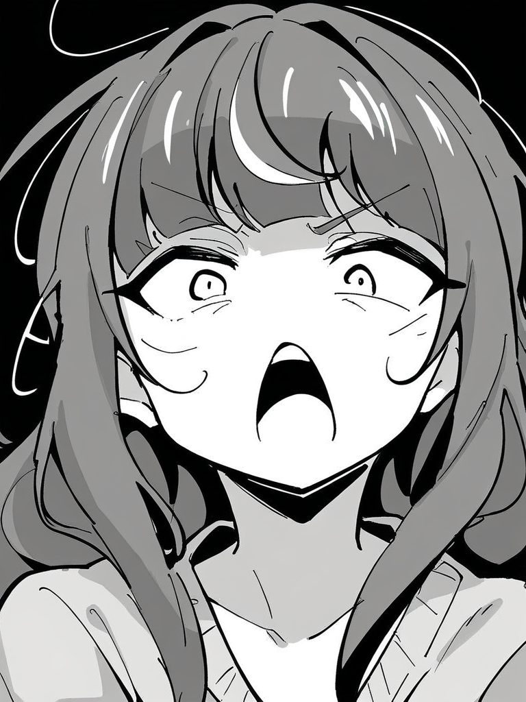 score_9, score_8_up, score_7_up,  
1girl, monochrome, utsuho tk, grey hair, flat chest, long hair,

face, close-up, open mouth, constricted pupils, looking at viewer, frown, black background,