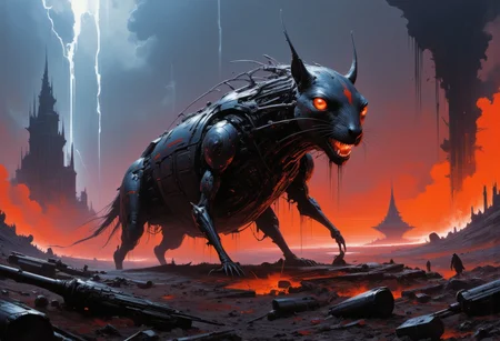 Under the flickering, dramatic lights of a war-torn sky, a horde of cybernetic squirrels emerges from the shadows, marching with terrifying precision. Their bodies glisten with sleek, metallic implants, while their eyes glow a sinister red, cutting through the darkness. In the distance, the last stronghold of humanity stands on the verge of collapse, surrounded by the chaotic remnants of a dystopian city. The scene is filled with dark fantasy and horror elements, as the once playful creatures have become twisted machines of war. The cyberpunk and sci-fi aesthetic creates an intense and colorful backdrop, making the final battle a tragic and electrifying showdown. Inspired by Zdzisław Beksiński, John Berkey, and Mamoru Oshii,dark fantasy,cyberpunk,scifi,ominous,scary art,disturbing,detailed, colorful,vibrant neon colors,mysterious glow,gloss, horror \(theme\),rain,creepy,dread,terror,primal fear,deep contrasting shadows, eerie and foreboding atmosphere, tension and fear building with every step. dramatic lighting,best quality,masterpiece,detailed,professional,centered,