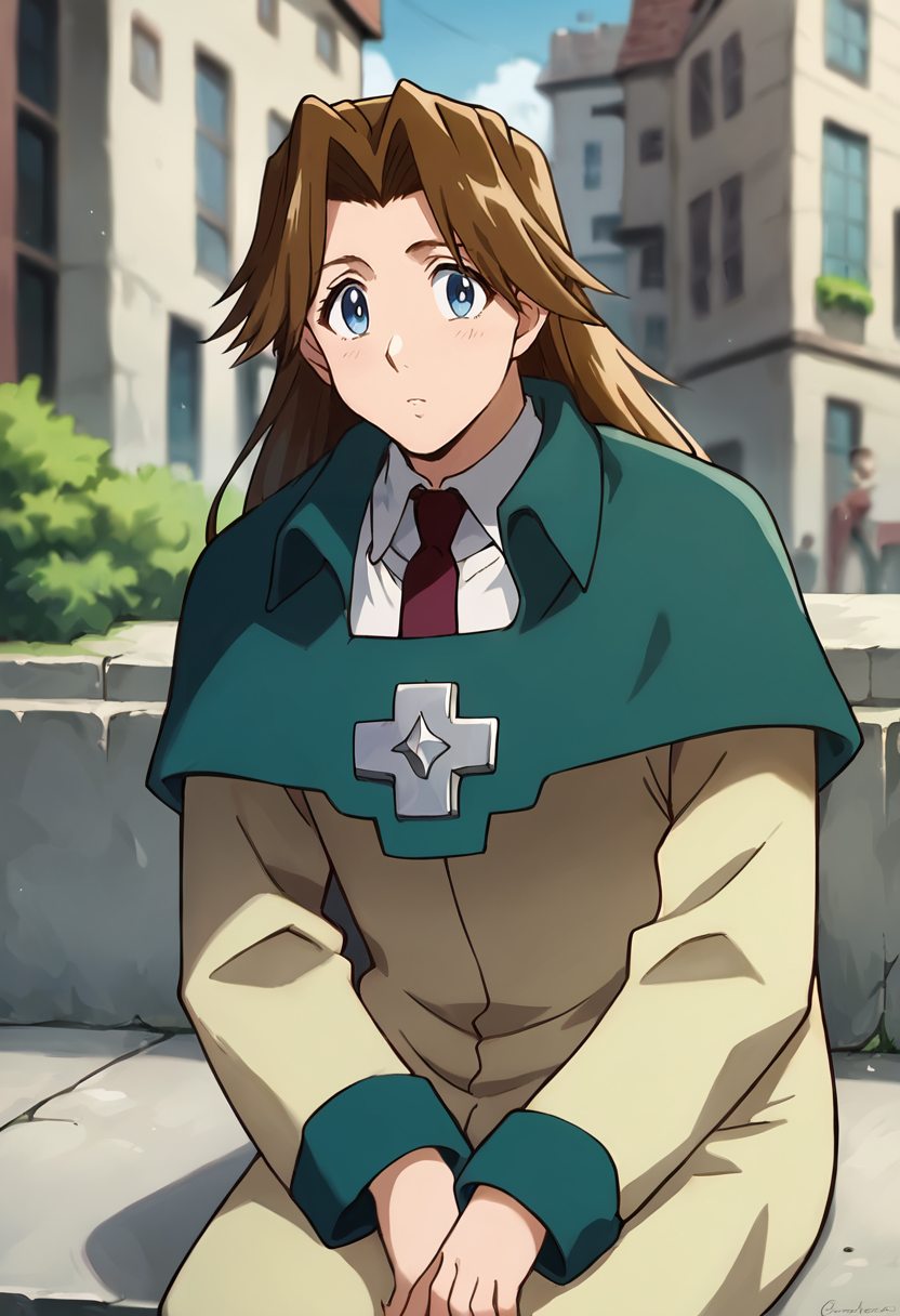 score_9, score_8_up, score_7_up, masterpiece, source_anime, 1girl, ct_m1lly, long hair, brown hair, blue eyes, green capelet, beige coat, white collared shirt, red necktie, outdoors, depth of field, city,  looking at viewer, sitting, cowboy shot, <lora:MillyThompson_Pony_ct_ver3-000008:0.8>