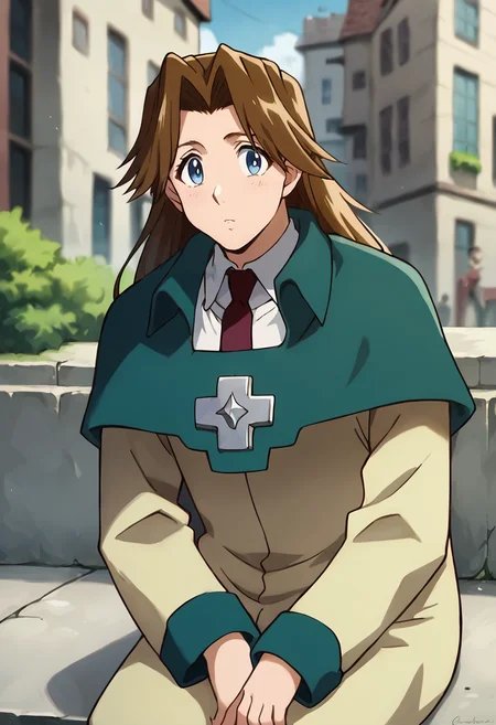 score_9, score_8_up, score_7_up, masterpiece, source_anime, 1girl, ct_m1lly, long hair, brown hair, blue eyes, green capelet, beige coat, white collared shirt, red necktie, outdoors, depth of field, city, looking at viewer, sitting, cowboy shot, <lora:MillyThompson_Pony_ct_ver3-000008:0.8>