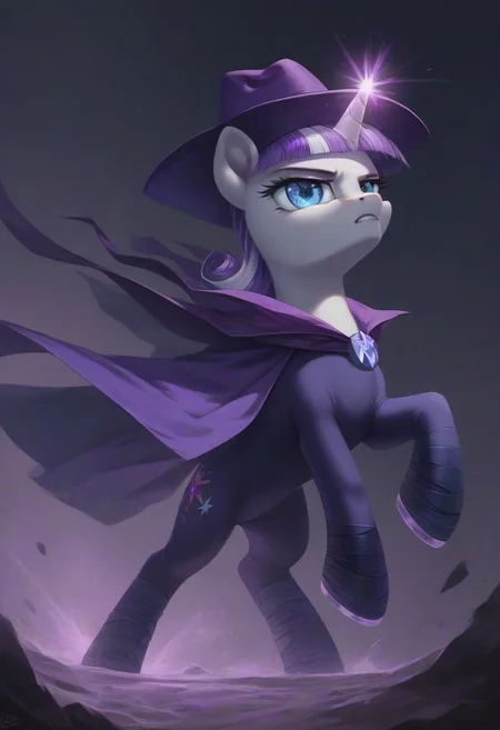score_9, score_8_up, score_7_up, score_6_up, score_5_up, score_4_up, feral pony, twilight velvet, MareDoWell_Costume, solo, bodysuit, leg wrap, brooch, 'M', purple cape, purple headwear, purple hat, detailed face, detailed eyes, action pose, serious face, <lora:mysteriousmare:1>