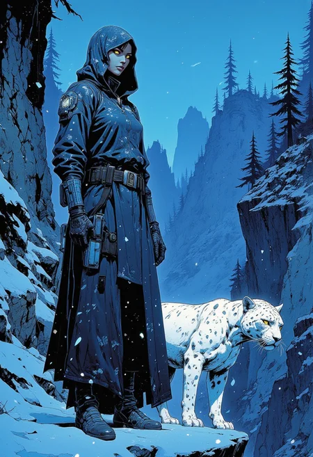 Comic book style scene of a serene, mystical woman standing on the edge of a jagged cliff in snowy mountains at dusk. She wears flowing robes of deep indigo with shimmering silver constellations layered over sleek, light power armor. Pouches at her waist and legs add practicality to her ethereal presence. Her hood casts shadows over her face, but glowing, pupil-less eyes pierce through with calm strength.
Beside her, a sleek white panther stands poised, its body faintly illuminated with glowing, intricate patterns mirroring her robes. Its piercing eyes scan the snow-covered trees below, exuding vigilance. The bond between the two is unmistakable, their stillness contrasting the swirling snow.
The eerie, dim blue light from above casts long shadows over the cliffside, blending the snowy landscape into the jagged, dark mountains. Snow falls gently, muffling the wilderness below, where tall evergreens rise like shadowy sentinels. The angle is dynamic, slightly low, emphasizing the woman and her panther as figures of quiet strength in the desolate, mystical expanse.
comic book style, dynamic angle, dynamic viewpoint, cyberpunk.