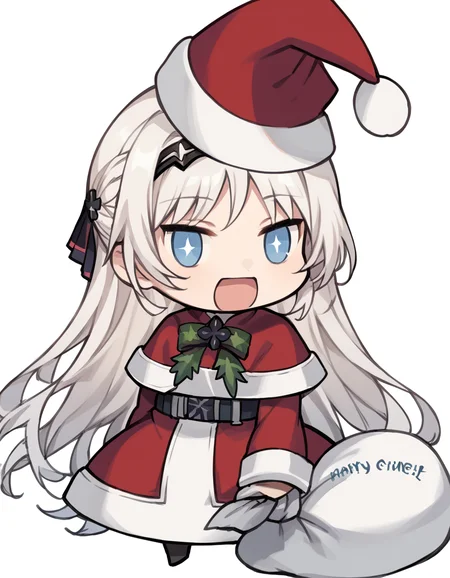 score_9, score_8_up, score_7_up, source_anime, <lora:girlsfrontline-an-94-ponyxl-lora-nochekaiser:1>, an-94, an-94 (girl's frontline), long hair, blue eyes, white hair,, <lora:padoru-ponyxl-lora-nochekaiser:1>, padoru, padoru (meme), holding sack, sack, santa hat, meme, christmas, open mouth, chibi, red capelet, santa dress, capelet, fur-trimmed headwear,, , dutch angle, cowboy shot