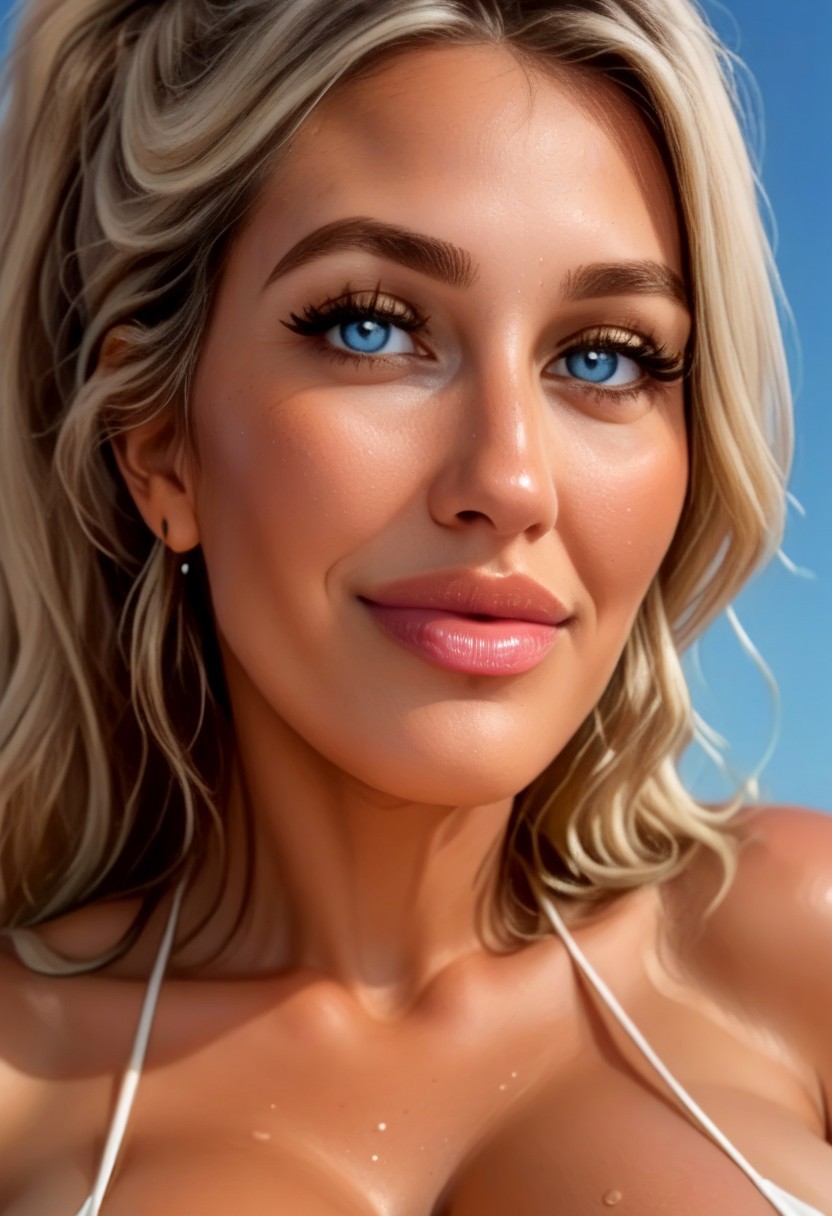 ASCII ASCII milfpeaches, Busty, (huge breasts), macromastia, score_9, score_8_up, score_7_up, score_7, score_6_up, (huge round breasts, round tits:1.2) (blue sky), tan skin, tan skin, mature, milf, perfect face, pretty, latina, perfect eyes, blonde hair, perfect boobs, flat stomach, trimmed pussy, blue eyes, wearing micro bikini, looking at viewer, from above, black eye shadow, eye contact, ponytail, wet skin, horny look on face, close on face, seductive smile,