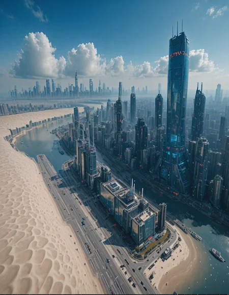 <lora:CW_03_lunisilla:1> lunisdst. futuristic megacity skyline under clear blue sky, ultra-tall skyscrapers with glowing neon accents, sleek high-tech architecture, sprawling urban sprawl, bright midday lighting, reflective glass surfaces, clean and modern city planning, massive tower dominating the skyline, distant clouds adding depth, birds-eye view from a high perspective, slightly desaturated cyberpunk blue tones, realistic sci-fi environment, advanced technology seamlessly integrated, subtle dystopian undertone, highly detailed, cinematic look, ultra-realistic, cream sand dunes, stream