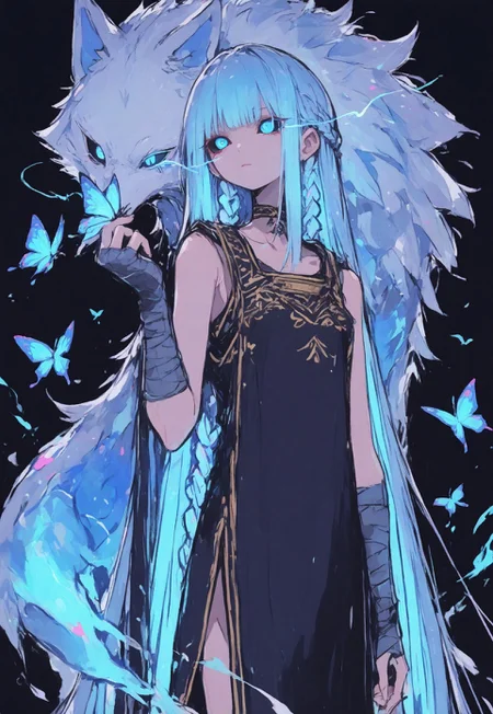 1 girl , very long hair , straight hair , crownbraid ,blue hair , cyan hair , glowing hair , black sclera , blue eye , blue butterfly , illuminating butterfly , robe , sleeveless , choker , hand wrap ,butterfly on hand ,magic ,eye trail , spirit wolf ,

masterpiece, best quality ,amazing quality ,S4bit4mago_illu , xxx667_illu ,Protoneon  , ma1ma1helmes_b_illu,