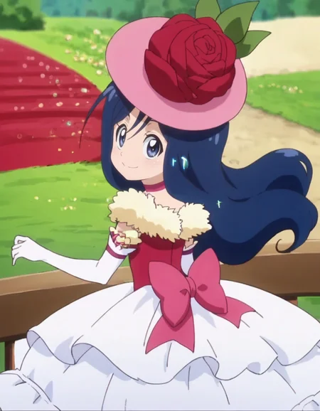score_9, score_8_up, score_7_up, anime screencap, solo,1girl,from behind, oriharatsumugi, gloves, smile, hat, pink headwear, flower, dress, rose, elbow gloves, choker, bow, red flower, red rose, pink bow, pantyhose, white gloves, happy, looking at viewer,cowboy shot,small breasts<lora:oriharatsumugi:0.8>