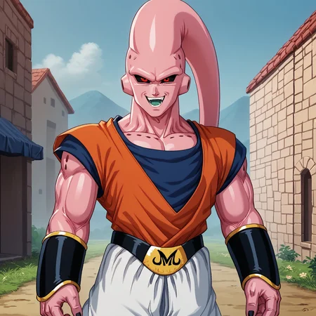 score_9, score_8_up, score_7_up, source_anime, buuhandb, 1boy, solo, pink skin, red eyes, black sclera, tentacle, dougi, pants, bracers, smile, open mouth, looking at viewer, muscular, BREAK, outdoors