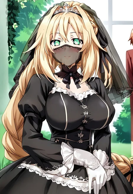 safe_pos, ((((masterpiece)))), ((best quality)), ((expressive eyes)), perfect face, ((expressive face)), perfect hands, (((((detailed hair))))), perfect legs, (((1 Girl))), solo, very long hair, (((absurdly long hair))), (((((blonde hair))))), (((long side hair))), (((((single braid))))), hair between eyes, bangs, (((blushing))), ((((smiling)))), (((hairband))), ((black hairband)), girl inside castle, big breasts, huge breasts, ((((large hair ribbon)))), ((((black ribbon)))), ((((low-tied long hair)))), (((((low braid))))), ((hair ribbon on braid)), ((black bow)), ariel anemoi, takao, (Green Heart \(neptunia)\), (((french braid))), ((((ponytail)))), hair intakes, (((green eyes))), symbol-shaped pupils, ((((victorian black dress)))), (((lace trim))), (((long dress))), (((lace gloves))), (((juliet sleeves))), ((long sleeves)), ((((black wedding veil)))), (((silver tiara))), MayumiSakura, hair ribbon, (((mouth veil))), (((hair black veil))), ((wedding black dress)), (((bridal black veil))), ((frills)), ((frilled sleeves)), nashetania, single braid, (((braided ponytail)))