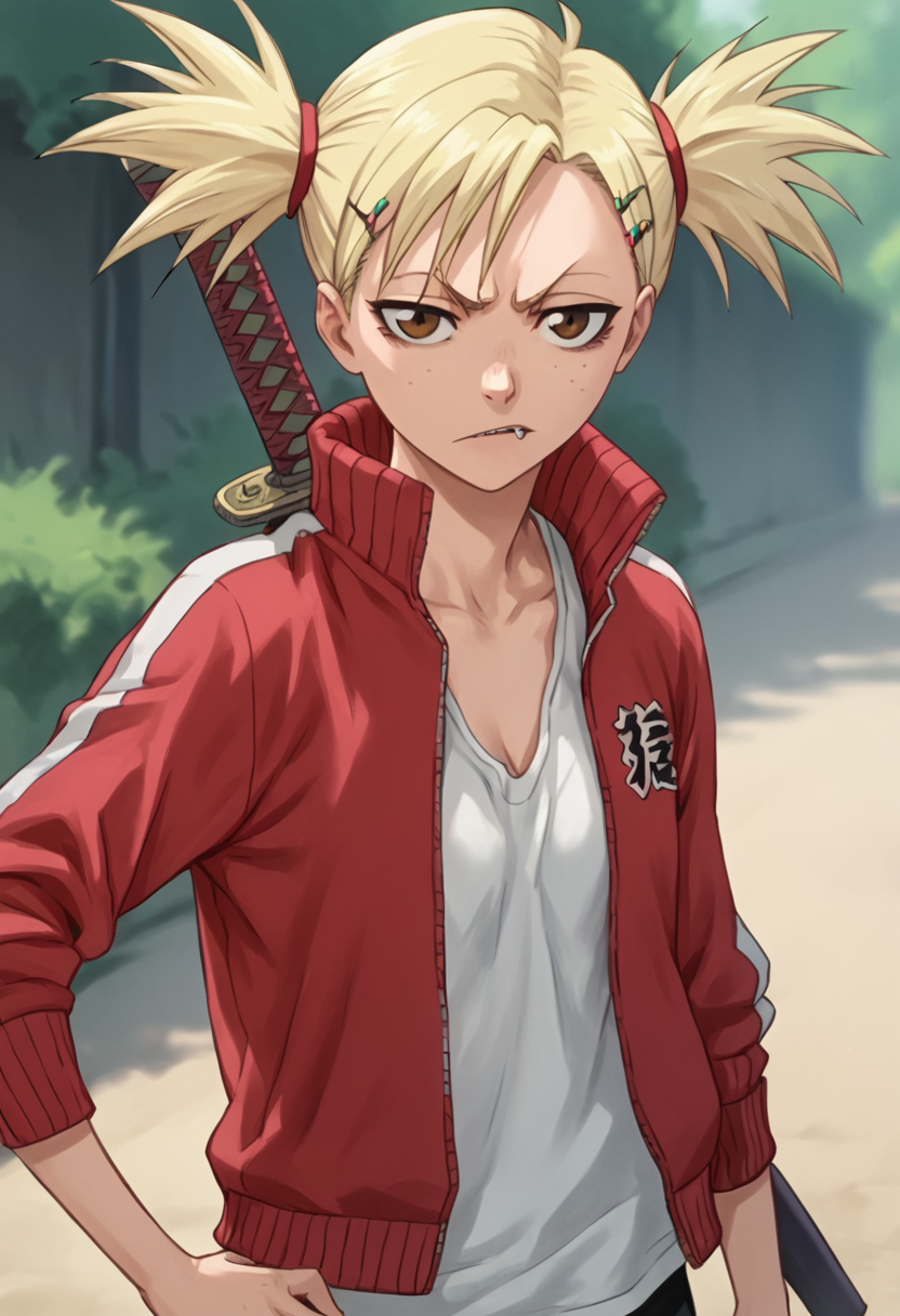 hiyorisarugaki, 1girl, blonde hair, solo, track jacket, hairclip, short twintails, freckles, brown eyes, tank top, looking at viewer katana,outdoors,   <lora:HiyoriSarugakiPony1.2:1>, score_9, score_8_up, score_7_up, score_6_up, score_5_up, score_4_up, looking at viewer, hand on own hip, cowboy shot,sharp tooth