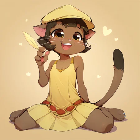 score_9, score_8_up, score_7_up, score_6_up, score_5_up, score_4_up, score_9, score_8_up, low light, solo, 1girl, ovypep, petite, slender, dark skin, anthro cat, whiskers, small ears, slender tail, cute face, yellow dress from the 20's, big yellow cloche hat with feather, sitting on the floor, rubbing her back, laughing, busy bar, <lora:Ivypepper:1>SATSUKIITSUKASTYLEBYRR, SATSUKIITSUKA, <lora:SatsukiItsukaStylebyRR:1>, <lora:more_details:1> <lora:xl_more_art-full_v1:1> <lora:ugly_style:-1>, ZPDXL