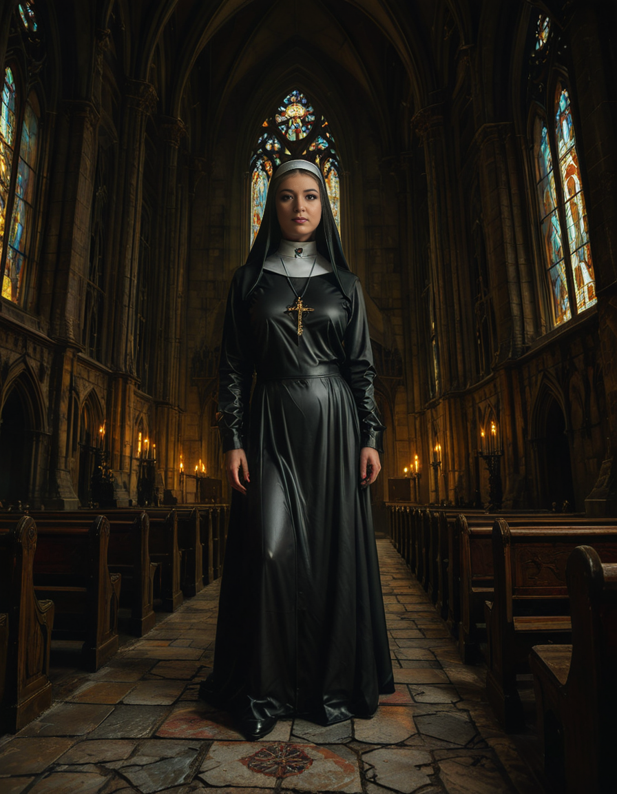 focus on a nun,A gothic scene featuring a mysterious woman dressed as a nun in a flowing black latex habit with intricate lace detailing and choker, standing solemnly inside of a G0th1c church. The atmosphere is charged with tension as an otherworldly presence seems to loom over the scene, casting eerie red and black shadows on the ancient stone. Other nuns in the background appear uneasy, their movements slow and dreamlike, as if they are being influenced by an unseen dark force. The cathedral's gothic architecture towers above with sharp spires, grotesque gargoyles, and a glowing stained-glass window radiating an unnatural crimson light.<lora:SDXLFaeTastic2400:0.4> <lora:extremely_detailed:0.4> extremely detailed, <lora:G0th1c_church:1>, Masterpiece,best quality,hi res,8k,hi res,8k,award winning,(sharp focus, intricate, highly detailed),